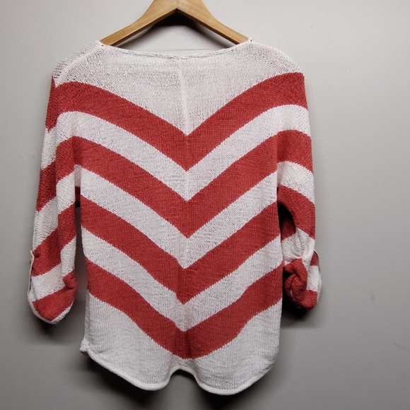Chico's Knit Sweater Women Size 0 (XS) White Coral Red Stripes 3/4 Sleeve Fall - Picture 5 of 7